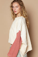 Outfit Flow - POL Waffle-Knit Contrast Notched Long Sleeve Knit Top