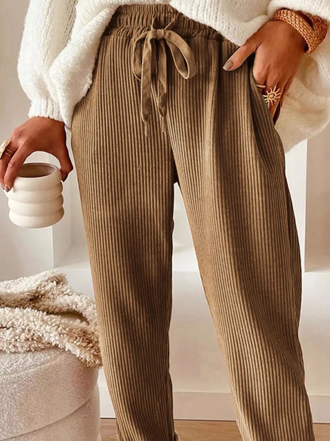 Casual Corduroy Drawstring Waist Pants OutfitFlow