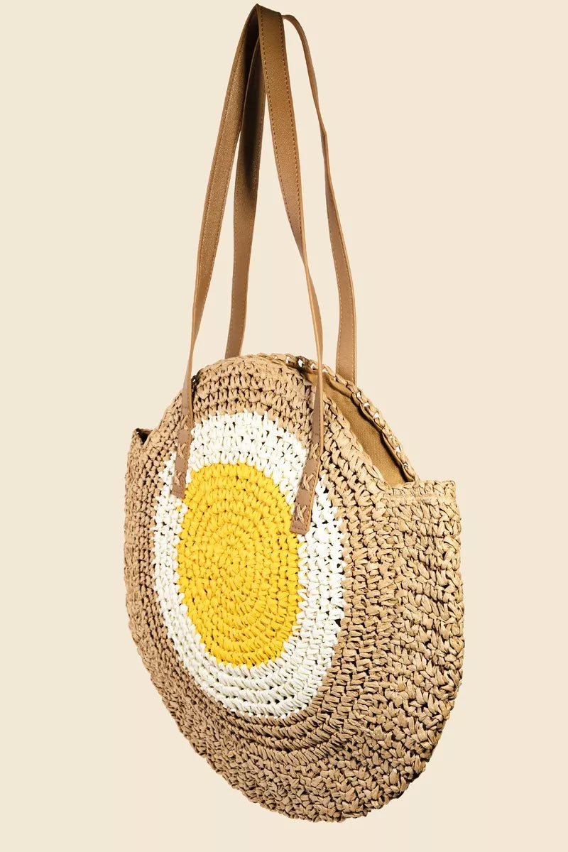 Fame Straw Braided Round Happy Face Tote Bag OutfitFlow