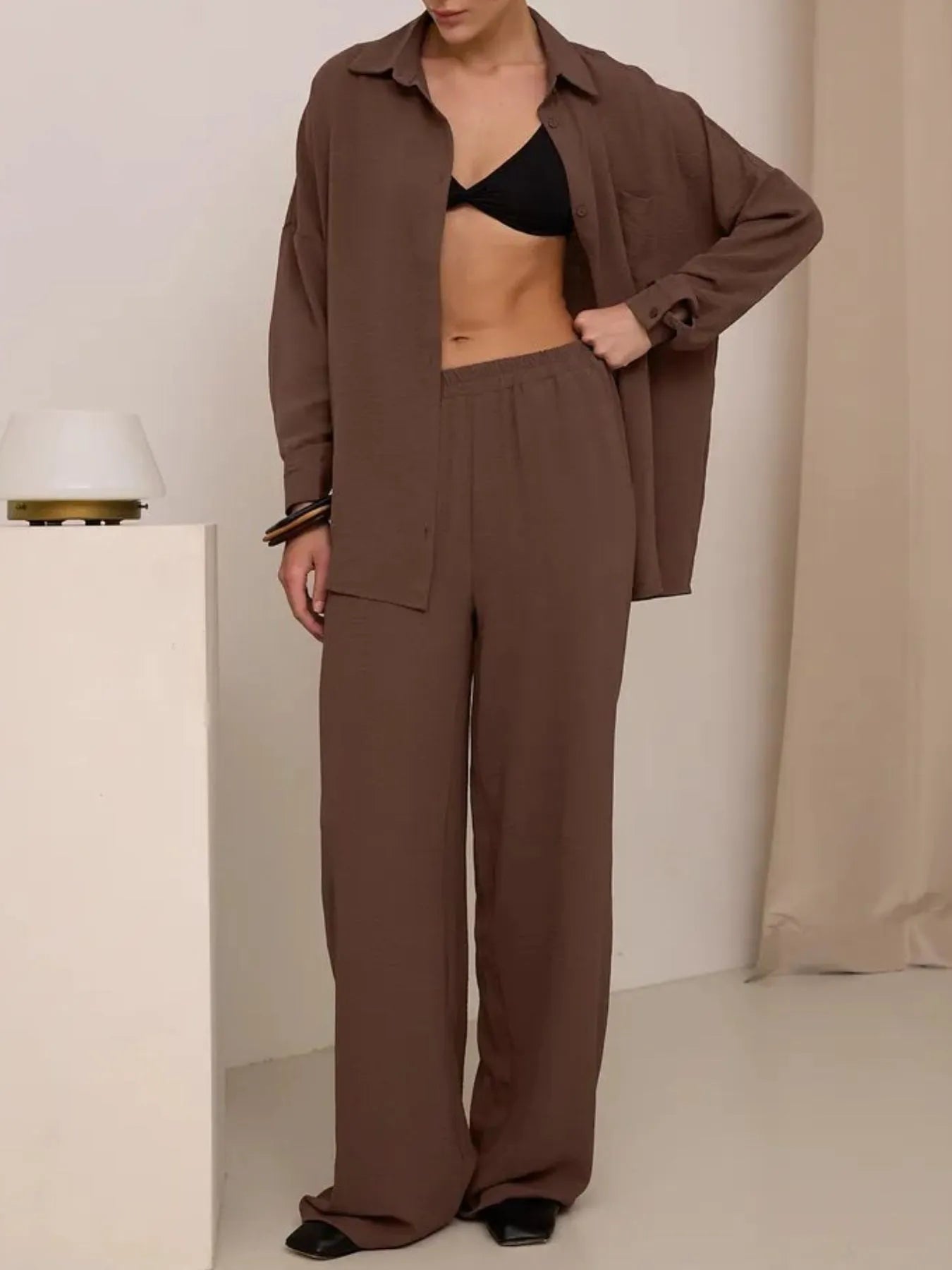 Button Up Long Sleeve Shirt and Pants Set Dark Brown OutfitFlow