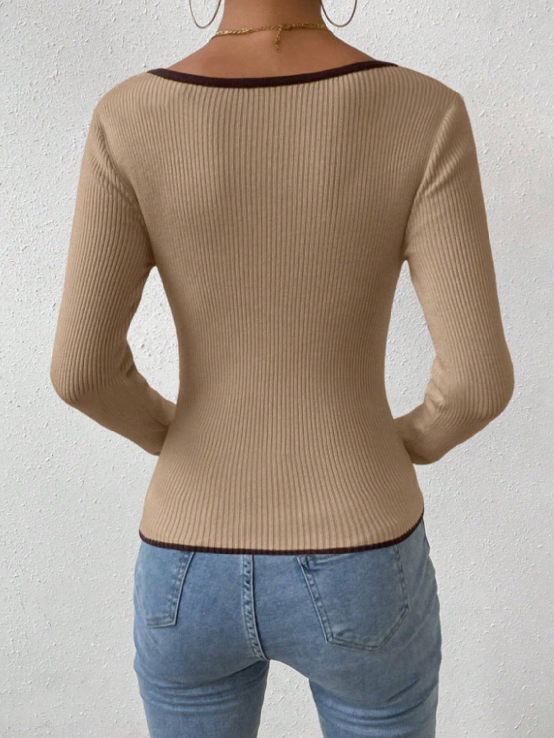 Outfit Flow - Contrast Trim Long Sleeve Knit Top