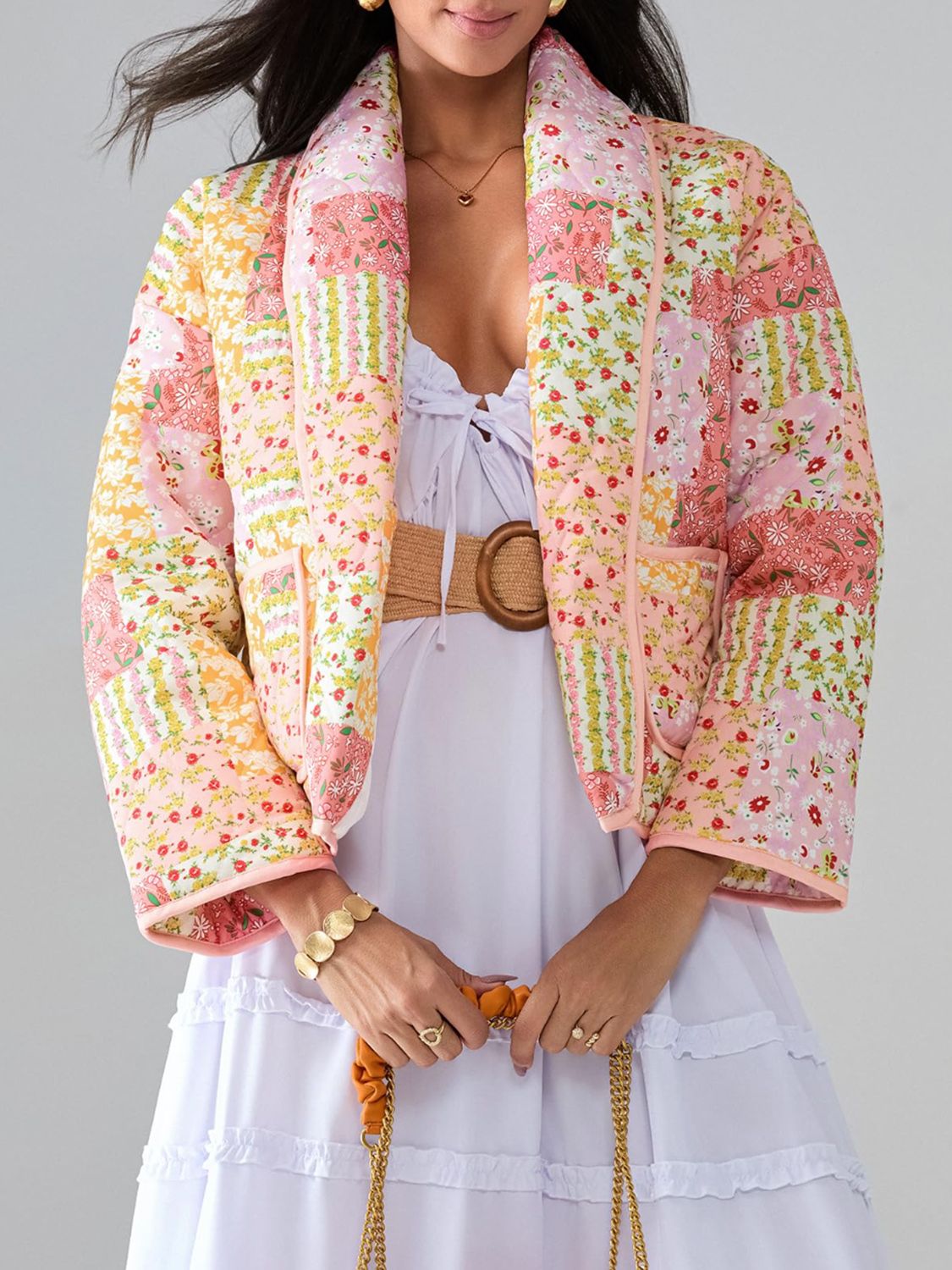 Outfit Flow - Printed Patchwork Open Front Cardigan with Pockets