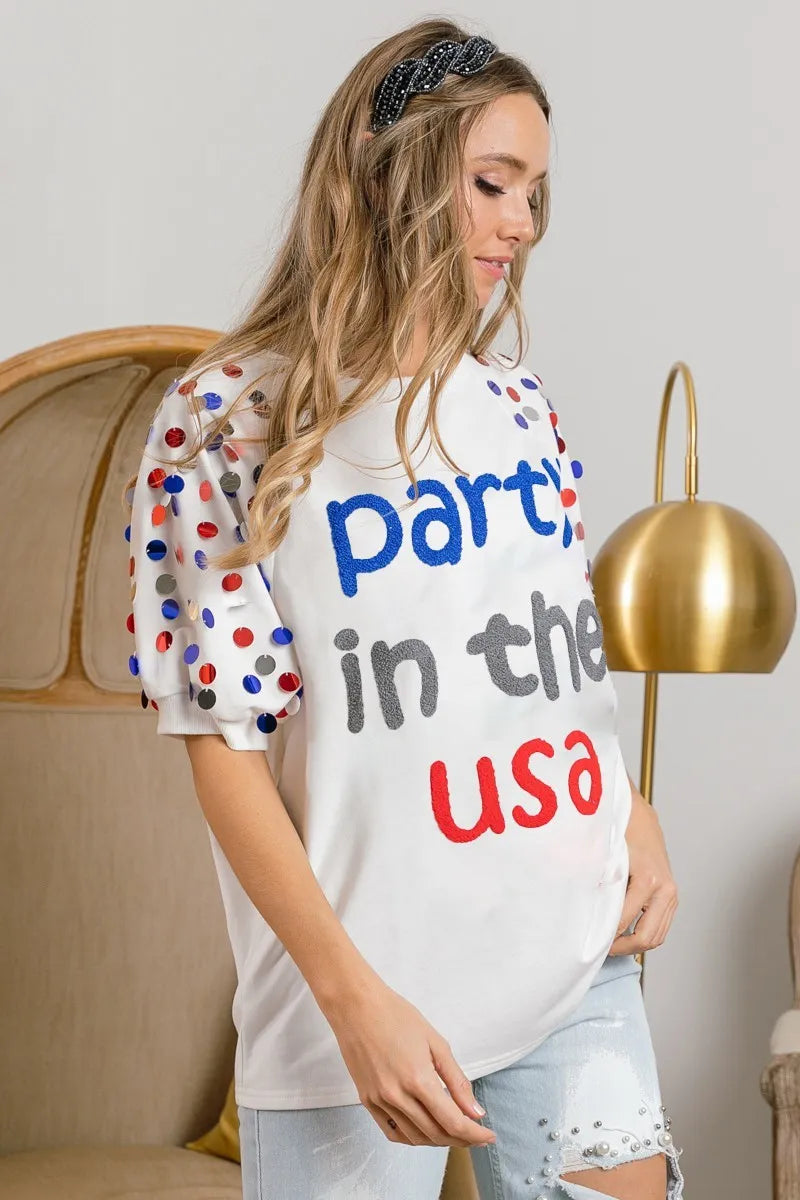 BiBi Party In The Usa Spangle Puff Sleeves Top OutfitFlow