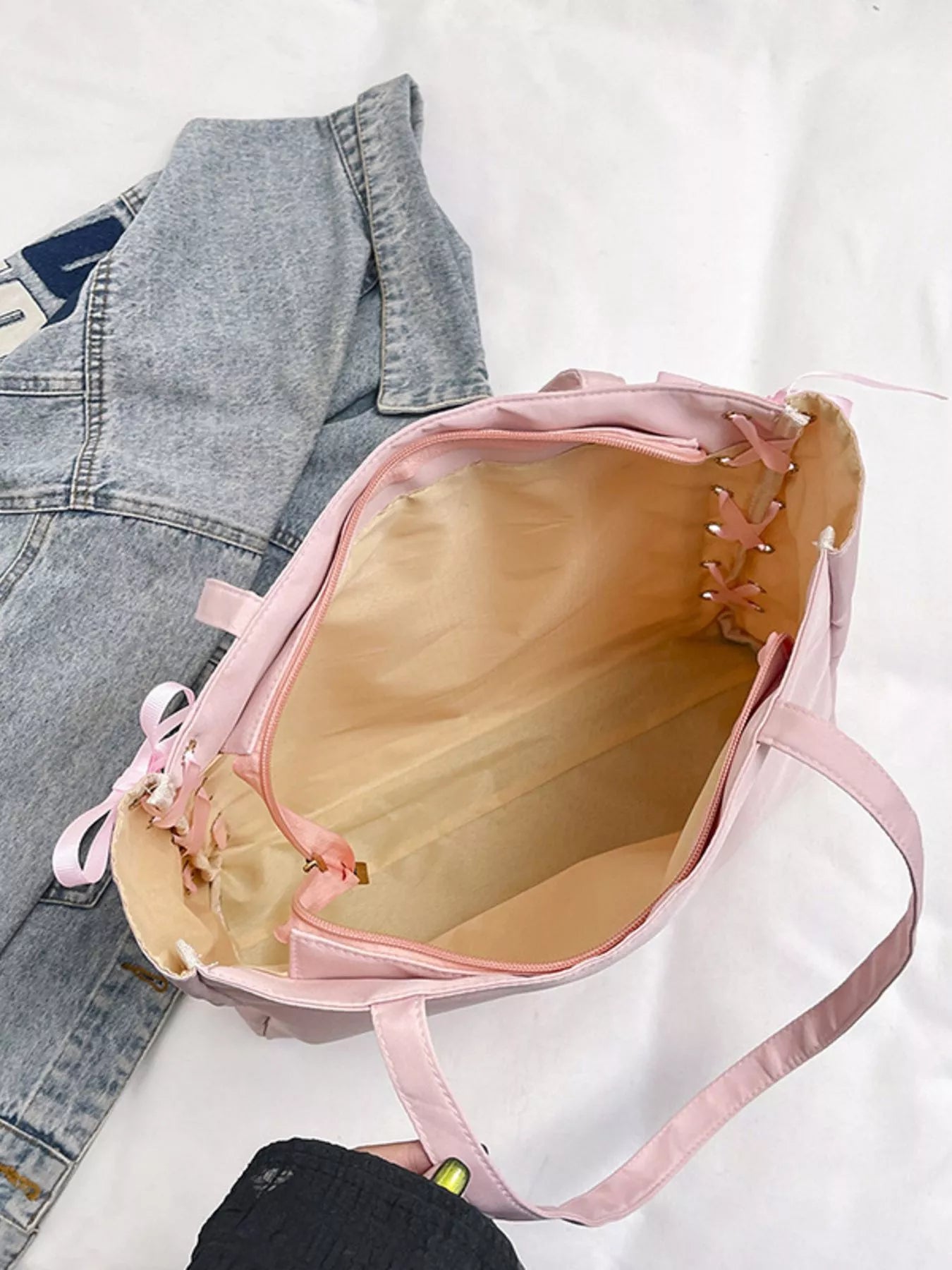 Lace-Up Trim Clear Panel Shoulder Bag OutfitFlow