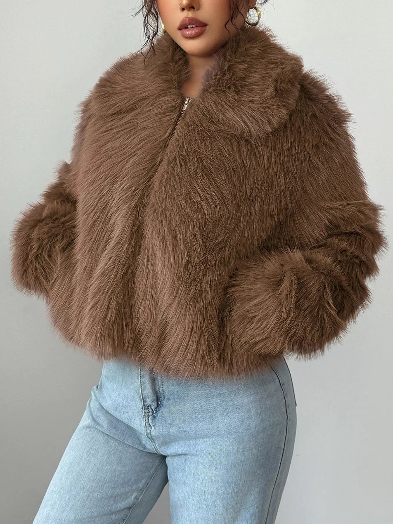 Fuzzy Zip Up Cropped Outerwear OutfitFlow