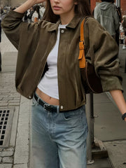 Plus Size Suede Cropped Bomber Jacket Army Green OutfitFlow