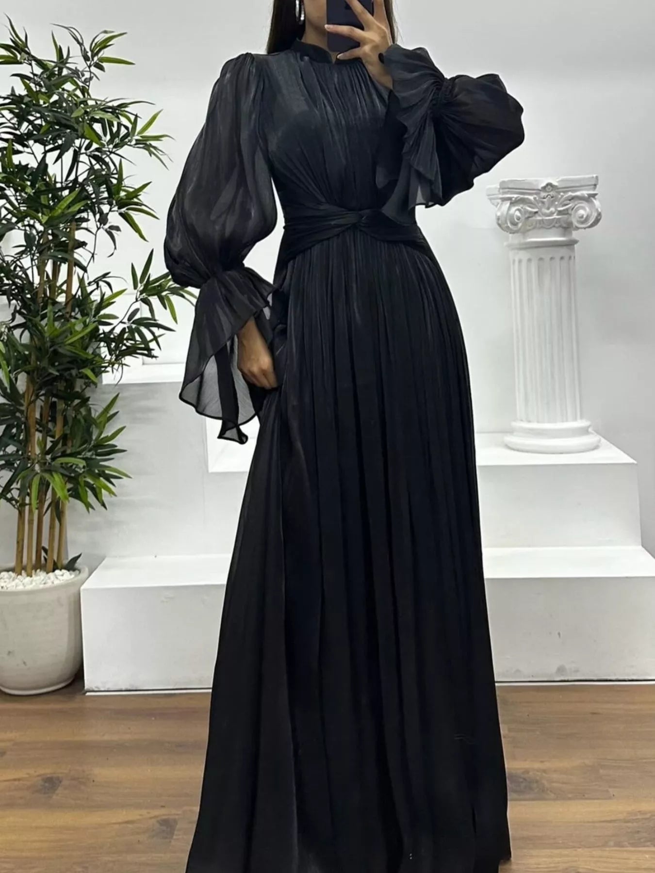Pleated Mock Neck Long Sleeve Maxi Dress OutfitFlow