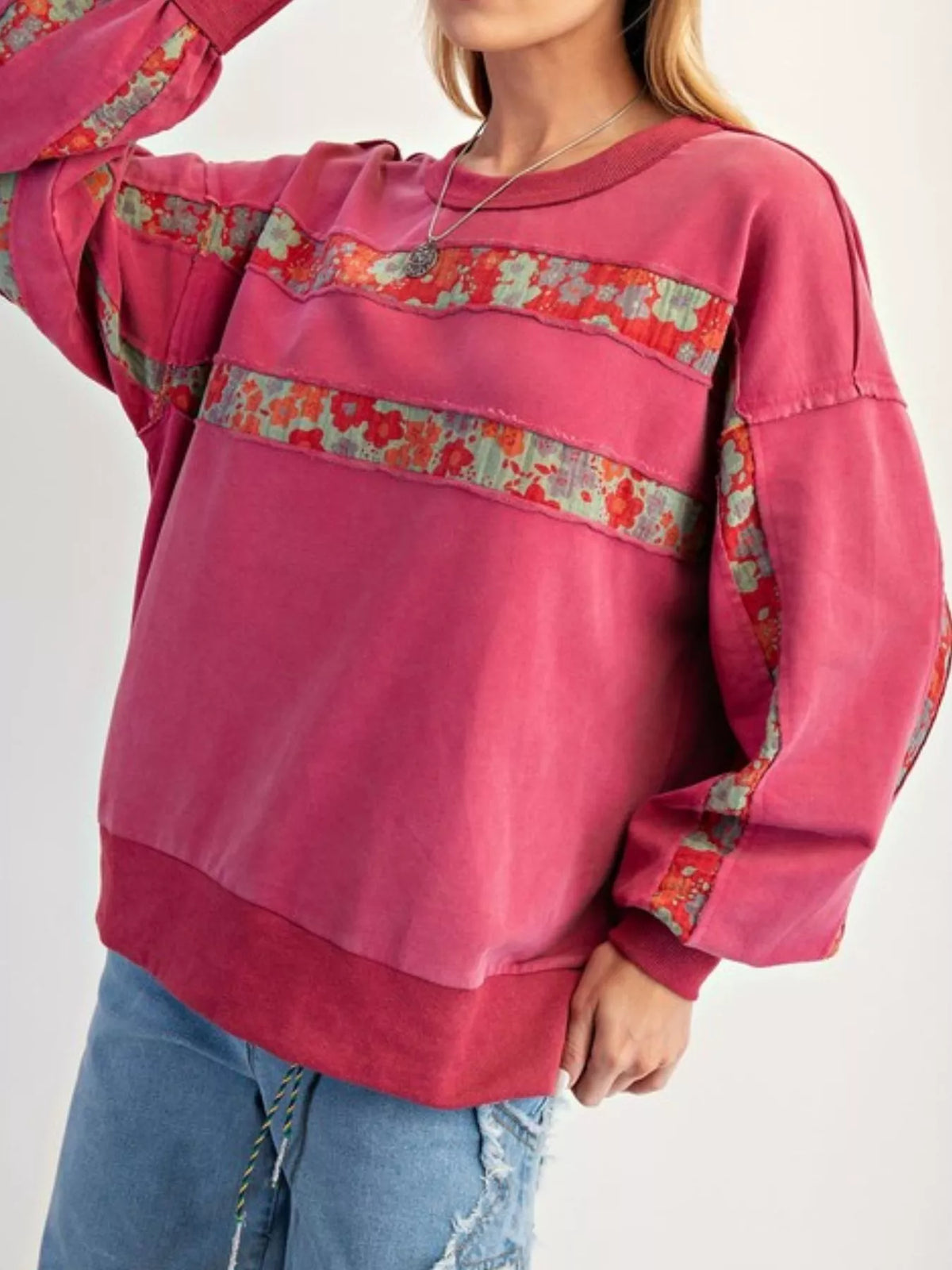 Bohemian Striped Oversized Sweatshirt Hot Pink OutfitFlow