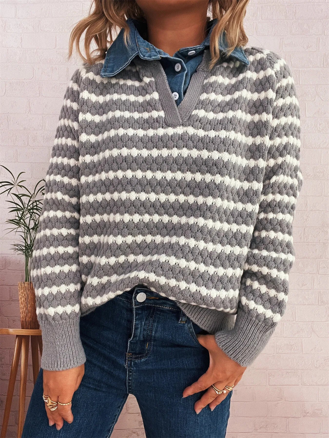 Contrast Striped Sweater with Denim Collar OutfitFlow