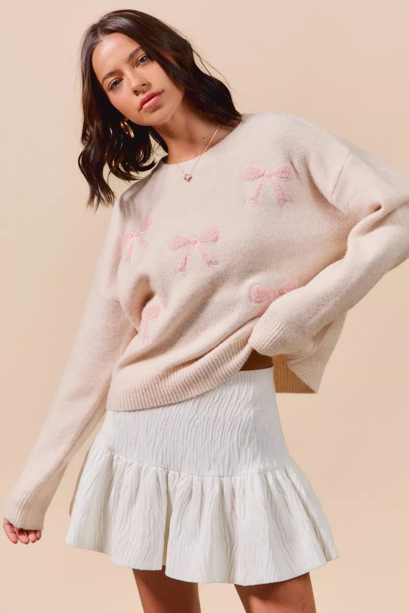 SO ME Embroidered Ribbon Round Neck Sweater OutfitFlow