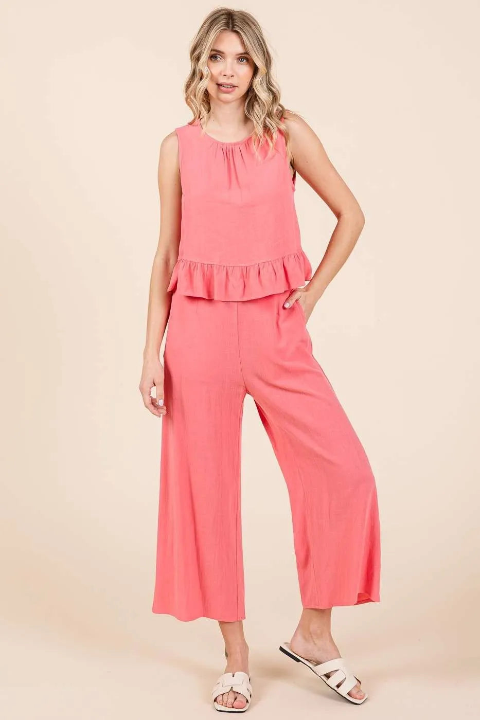 Mittoshop Linen Ruffle Tank Top and Pants Set OutfitFlow