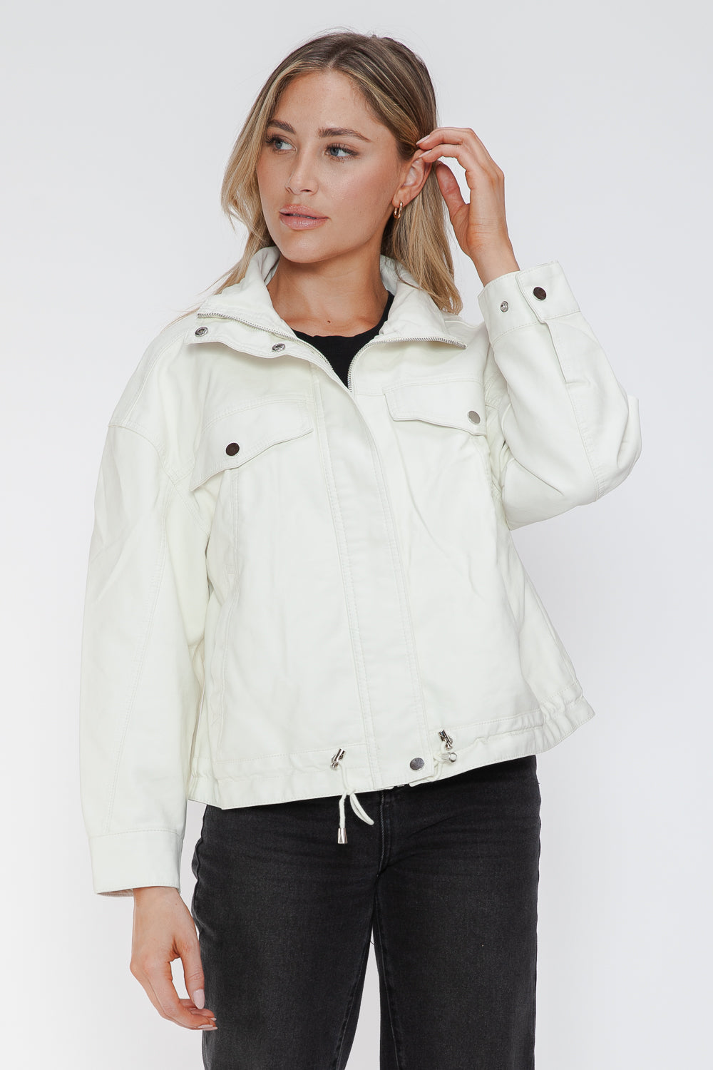 Outfit Flow - How Dare U Drawstring Hem PU Leather Zip Up Jacket