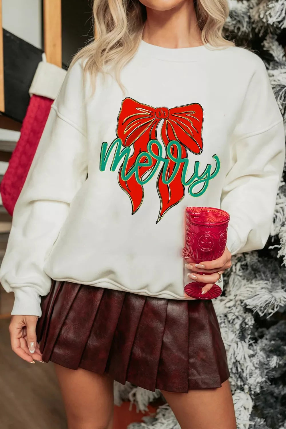 Merry Bow Graphic Drop Shoulder Loose Christmas Sweatshirt OutfitFlow