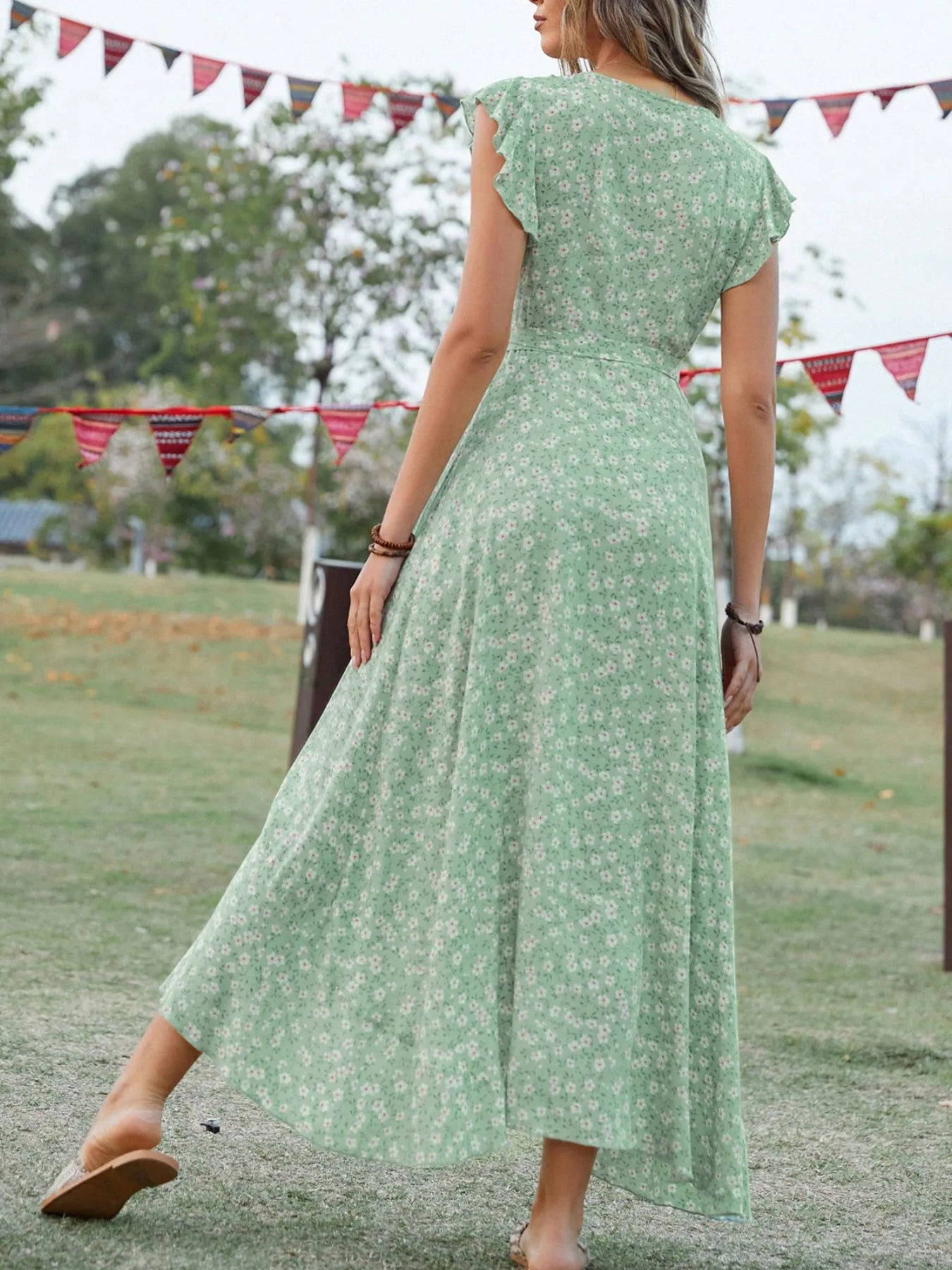 Printed Surplice Ruffle Sleeve Dress OutfitFlow