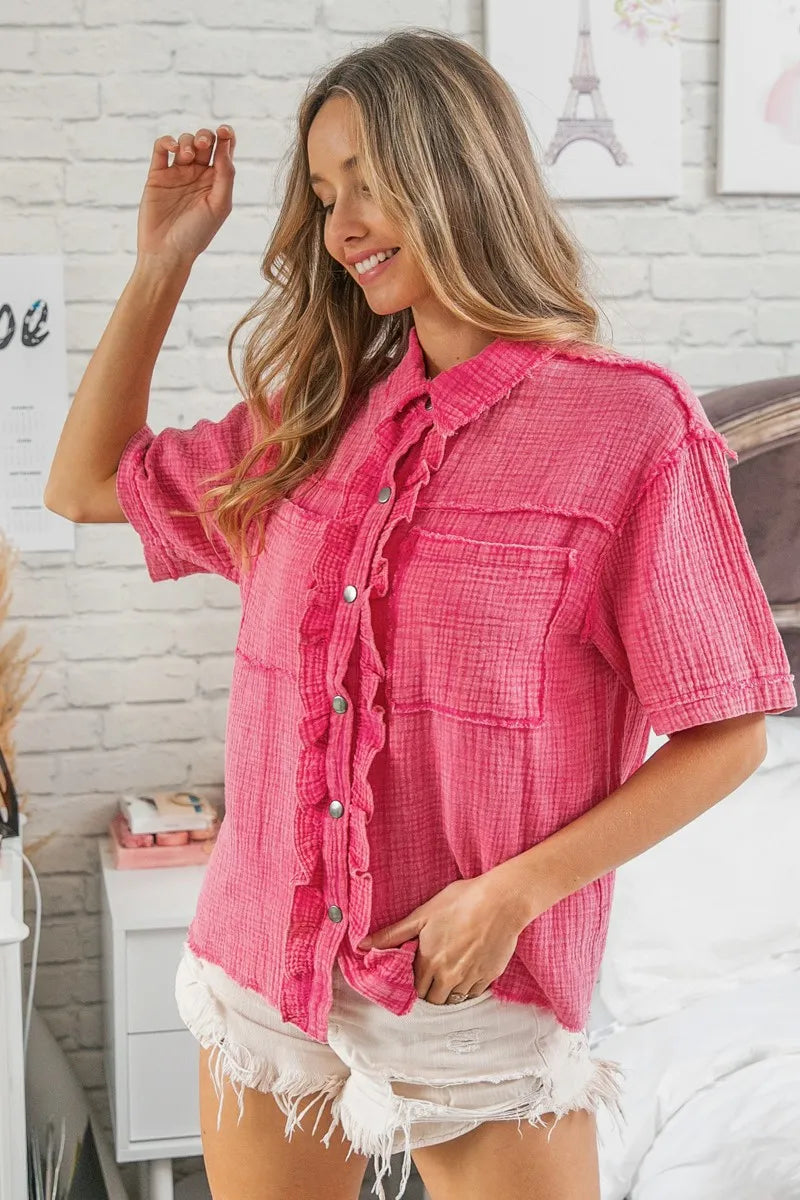 BiBi Mineral Washed Wrinkle Gauze Raw Edge Shirt Top OutfitFlow