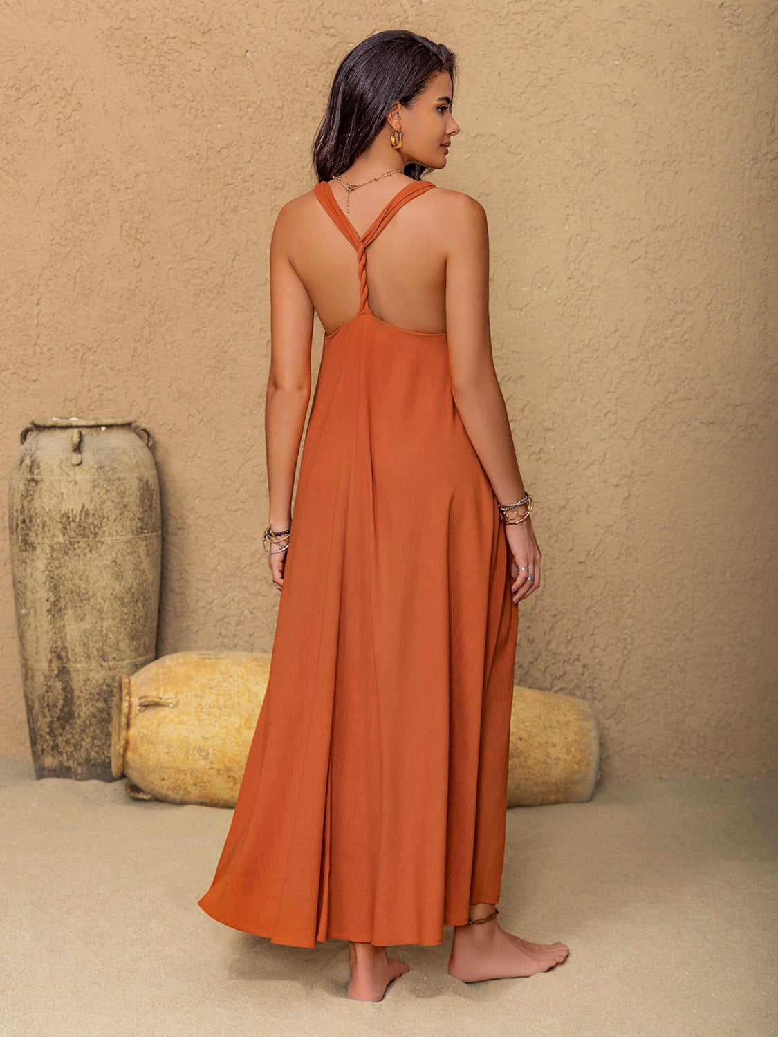 Ruched Twisted Back Sleeveless Maxi Cami Dress OutfitFlow