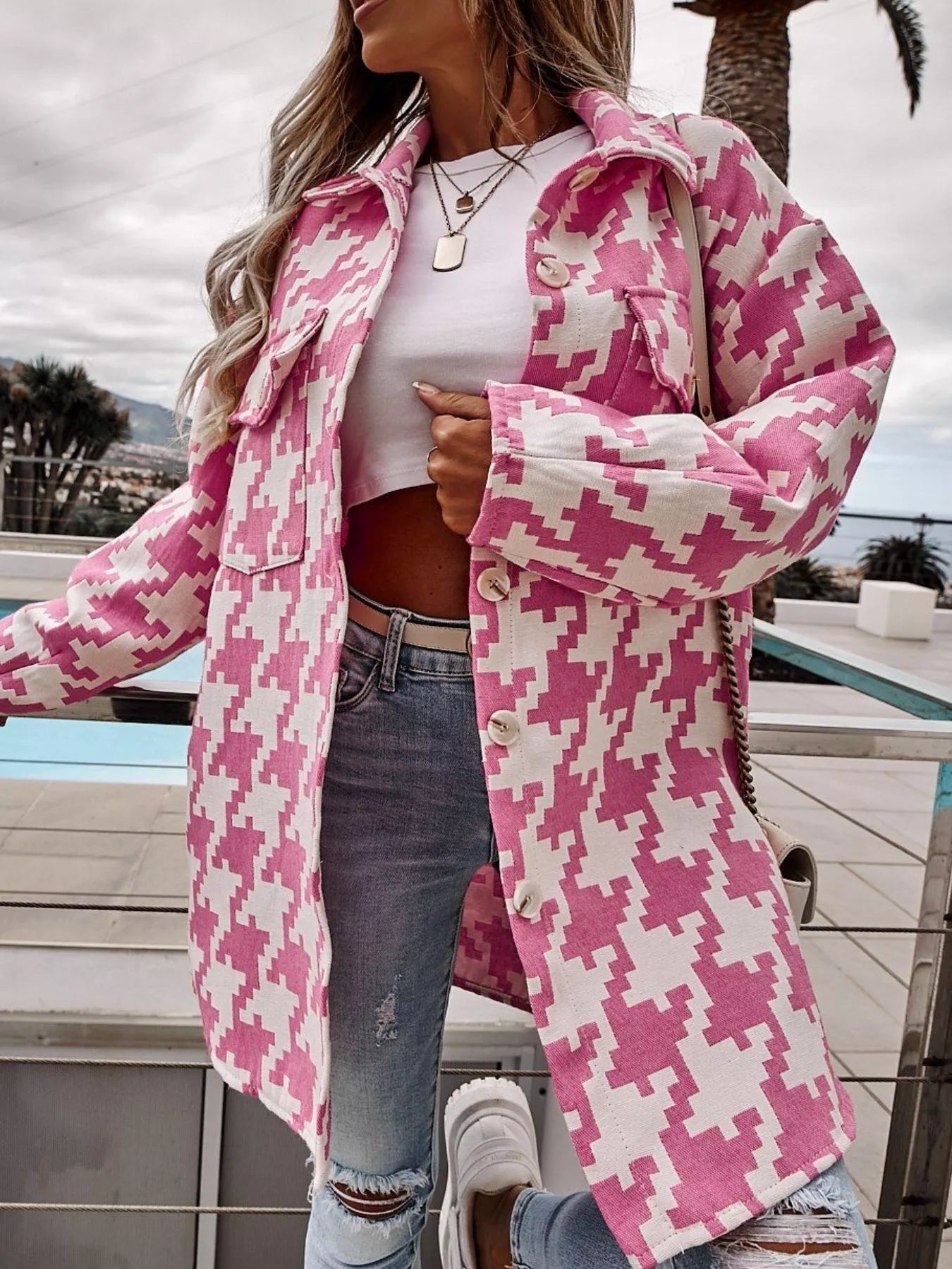 Houndstooth Button Up Long Sleeve Outerwear OutfitFlow