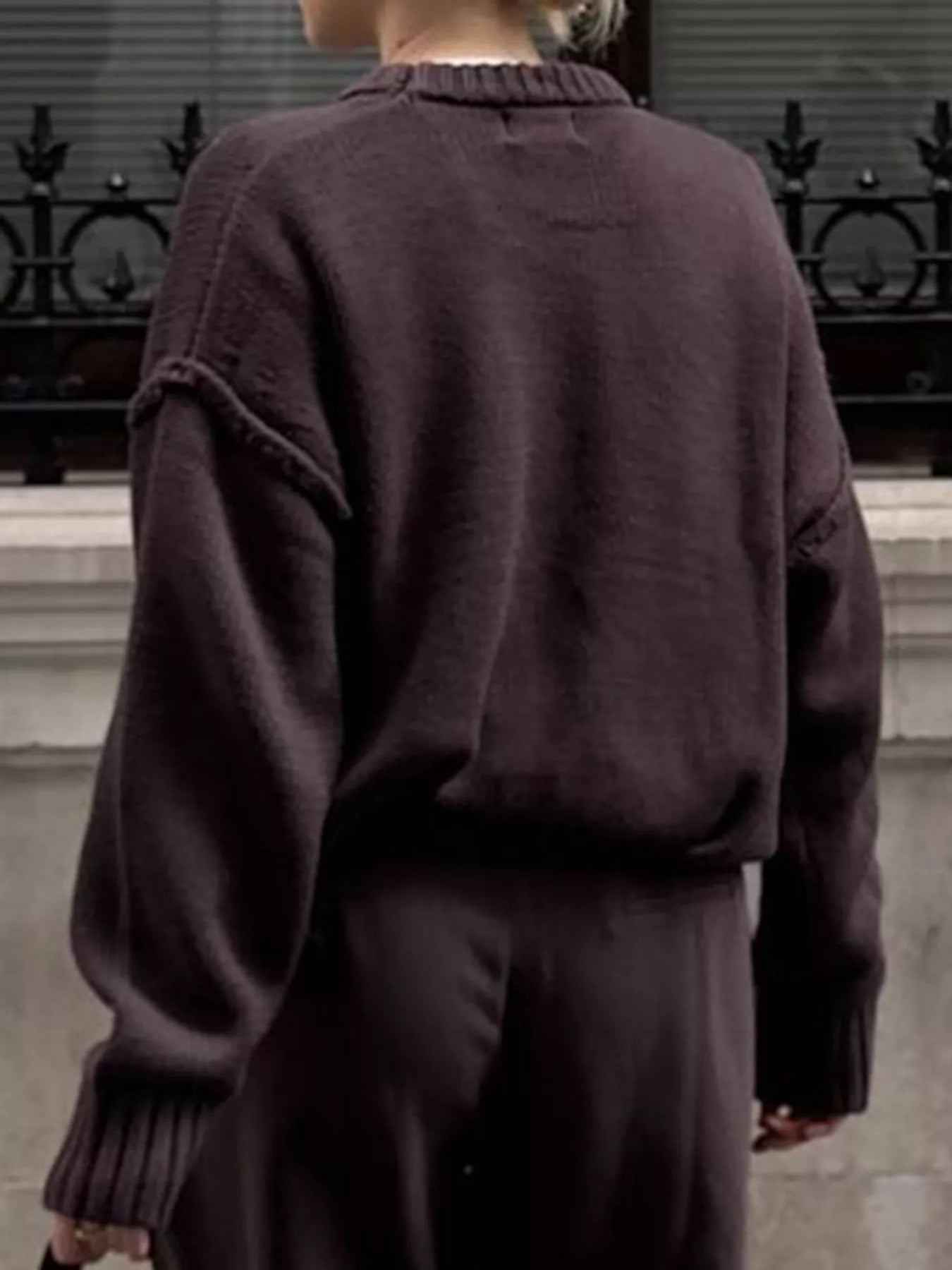 Round Neck Dropped Shoulder Sweater OutfitFlow