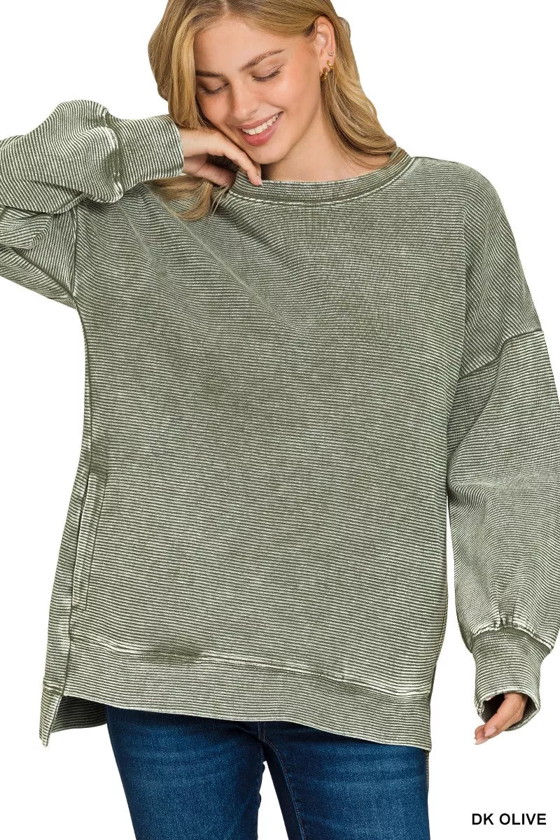 Zenana Full Size Acid Washed Double Ribbed Hi-low Sweatshirt Plus Size OutfitFlow