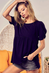 BiBi Cotton Span Knit With Puff Sleeve Baby Doll Top BLACK OutfitFlow