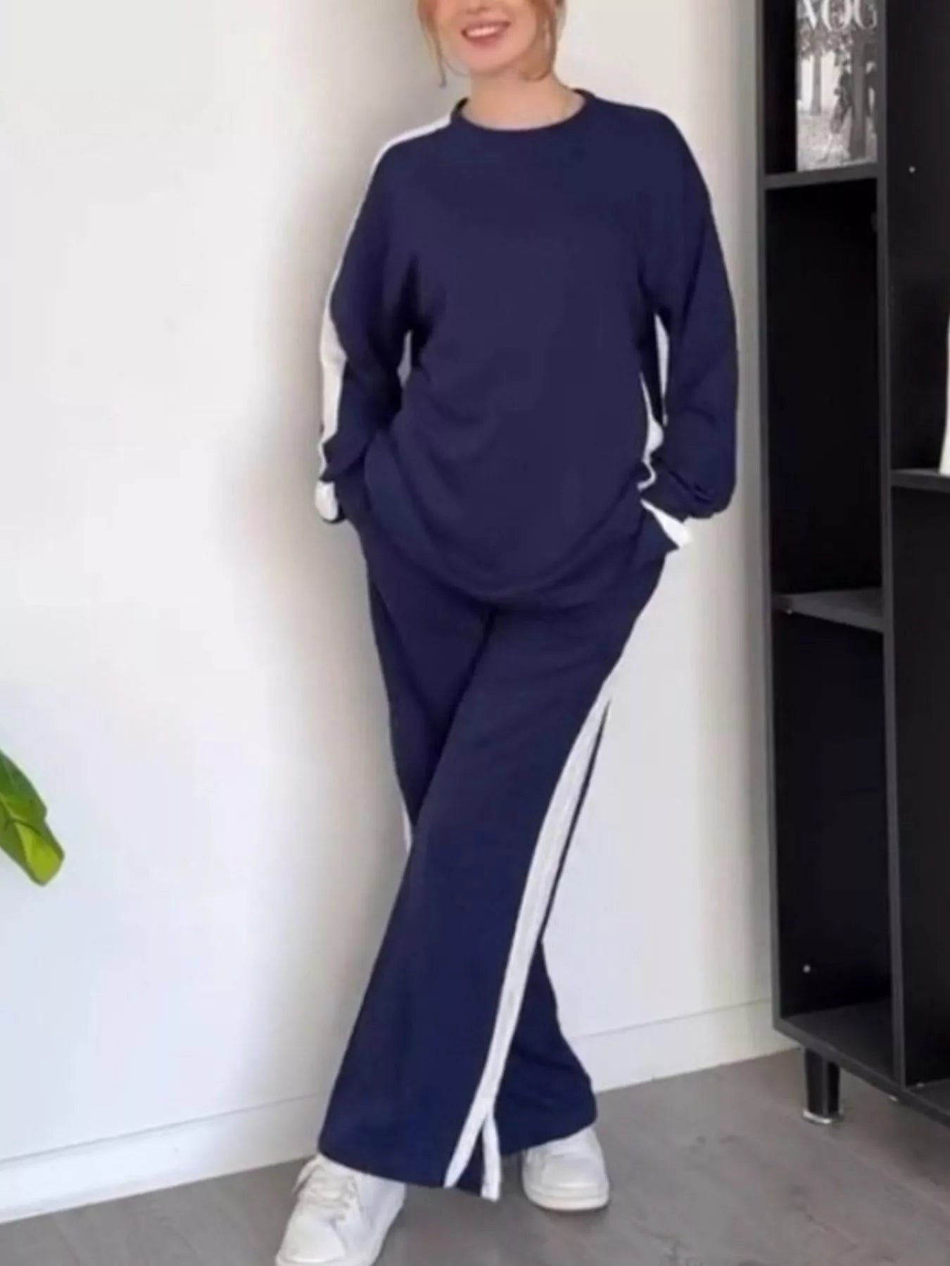 Full Size Contrast Round Neck Top and Pants Set Plus Size OutfitFlow