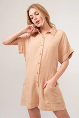 And The Why Washed Gauze Roll-up Sleeve Comfort Utility Romper OutfitFlow