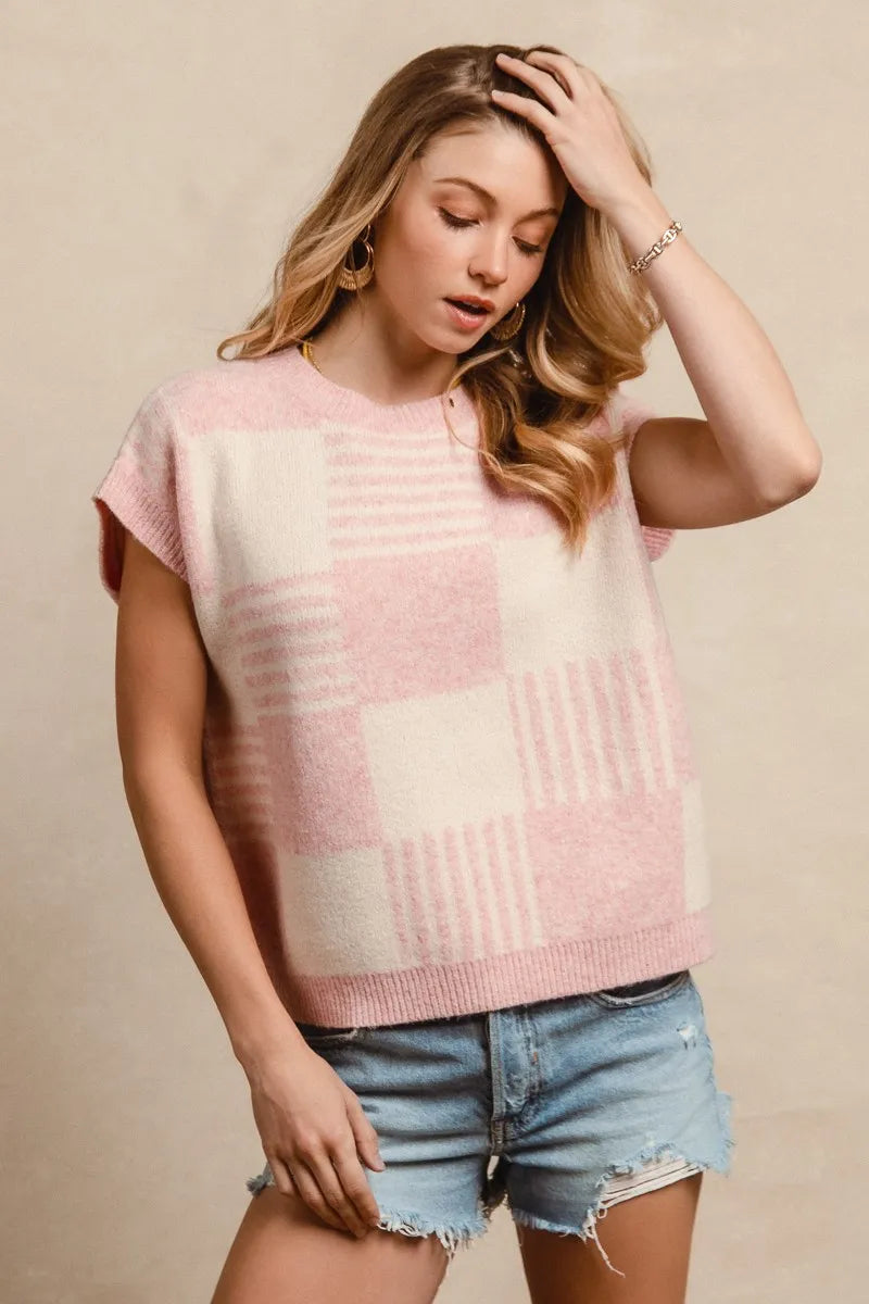 BiBi Checker With Stripes Pattern Sleeveless Sweater OutfitFlow