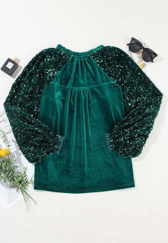 Outfit Flow - Sequin Notched Long Sleeve Blouse