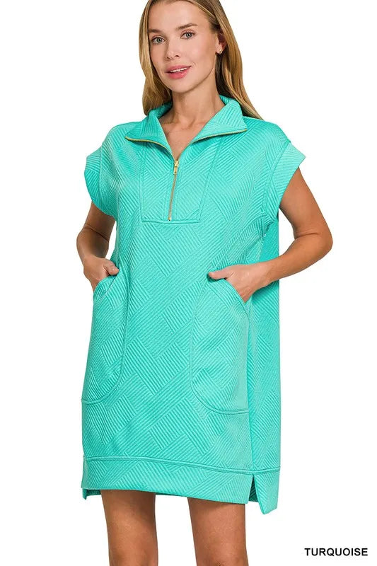 Zenana Textured Knit Jacquard Quarter Zipper Mini Dress OutfitFlow