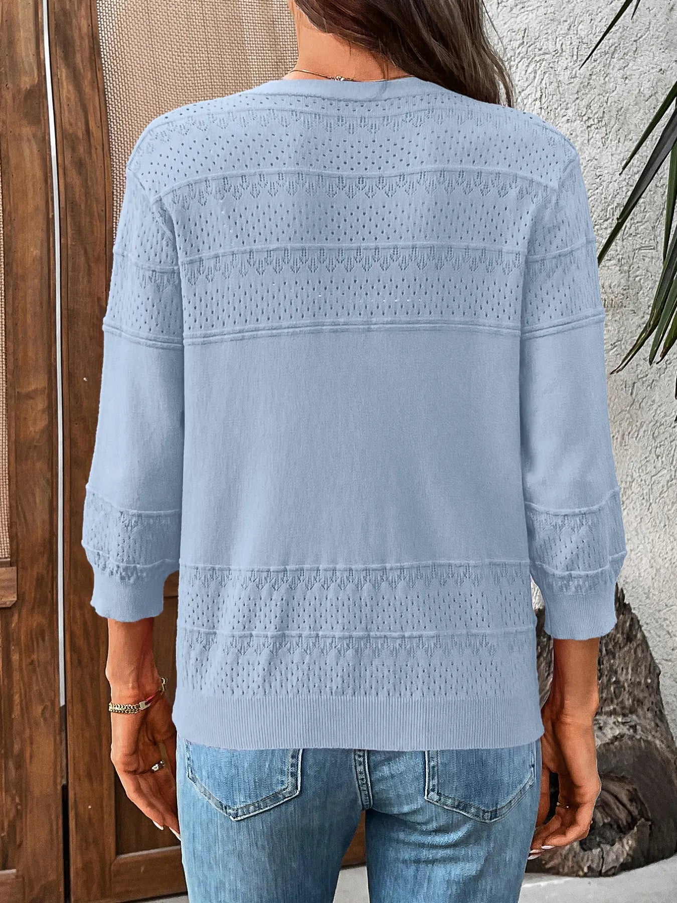 Textured Button-Front Cardigan with 3/4 Sleeves OutfitFlow