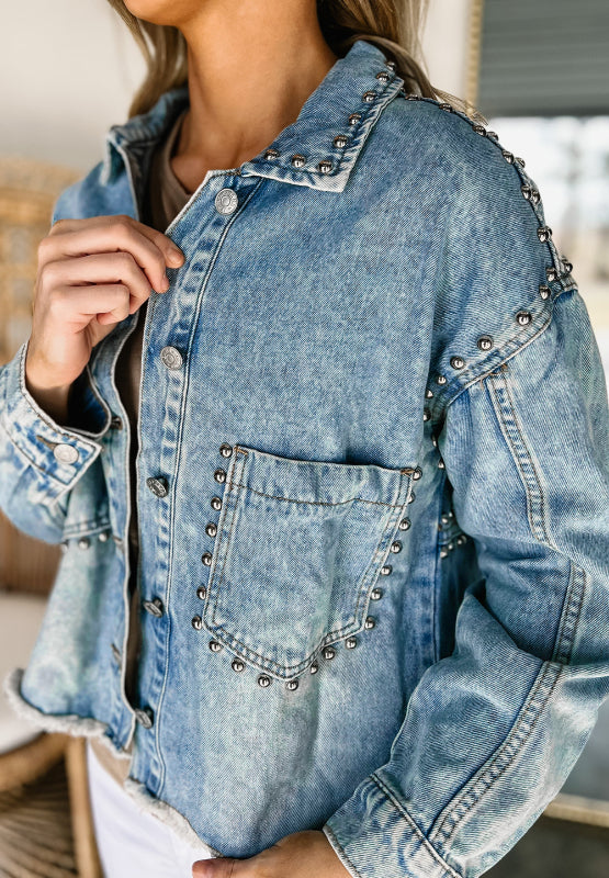 Outfit Flow - Studded Acid Wash Long Sleeve Denim Jacket