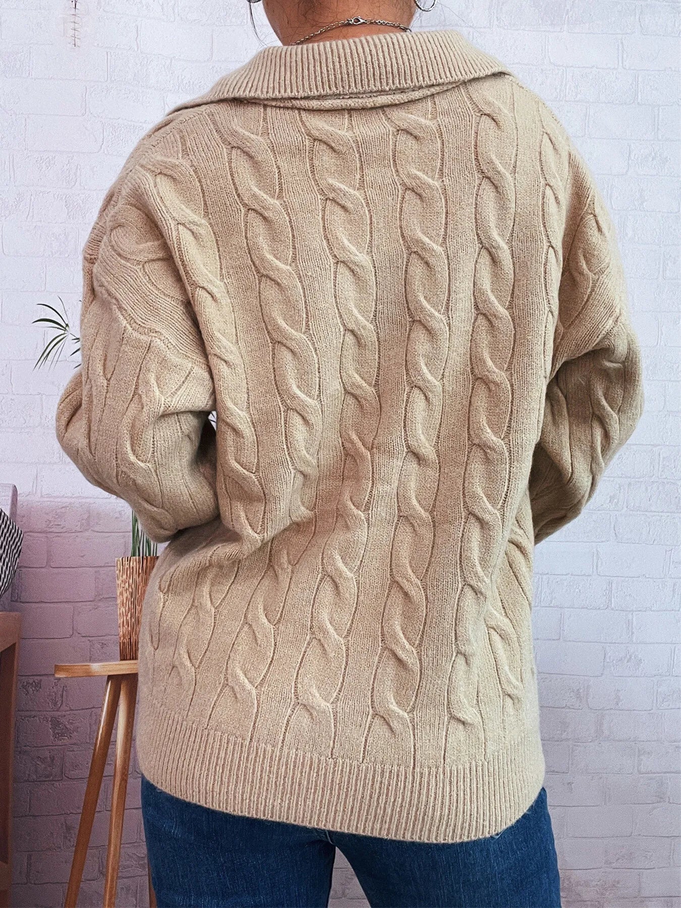 Cable Knit Johnny Collar Sweater Trendsi