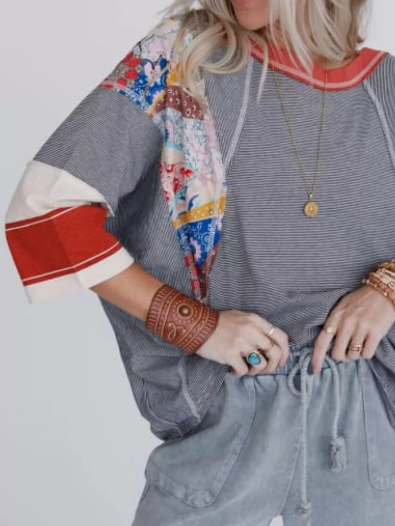 Striped Floral Long Sleeve T-Shirt Red OutfitFlow