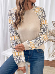 Geometric Pattern Long Sleeve T-Shirt Khaki OutfitFlow