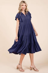 Mittoshop Ruffle Sleeve Collared V Neck Tiered Midi Dress OutfitFlow