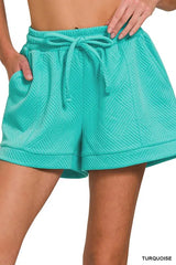 Zenana Textured Knit Jacquard Drawstring Shorts TURQUOISE OutfitFlow