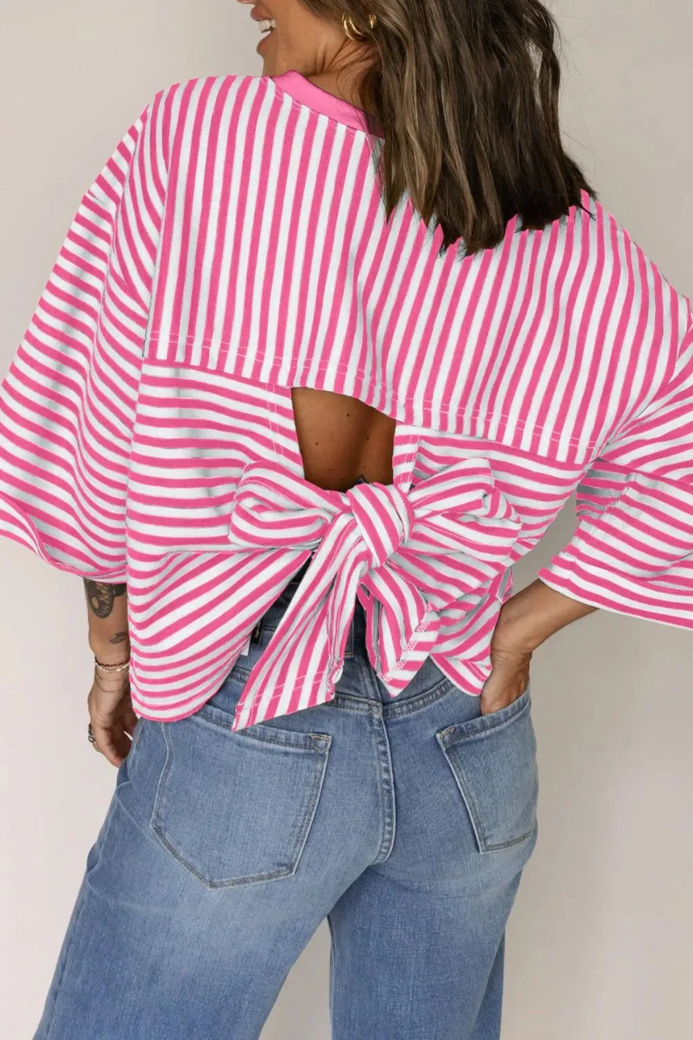 Striped Tie-Back Blouse with Cutout Detail OutfitFlow