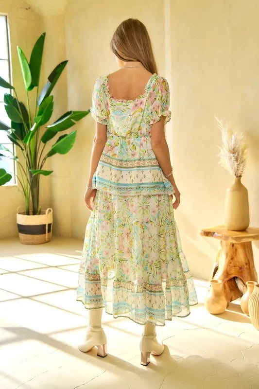 Davi & Dani Spring Floral Border Print Ruffled Textured Top OutfitFlow