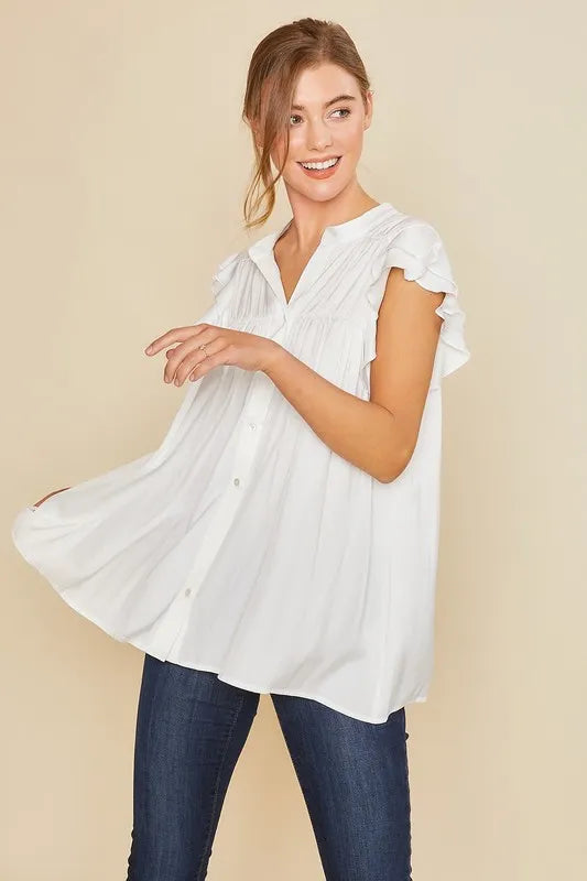 Annie Wear Ruffle Sleeve Shirred Flowy Woven Tunic Shirts OutfitFlow