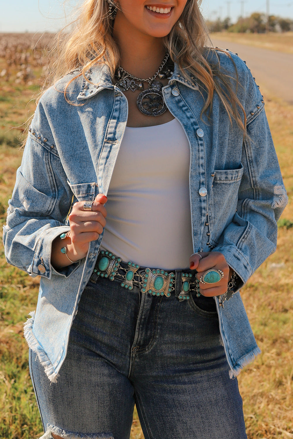 Outfit Flow - Studded Acid Wash Long Sleeve Denim Jacket