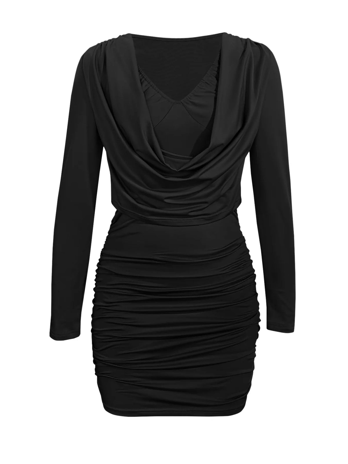 Draped V-Neck Long Sleeve Bodycon Mini Dress Black OutfitFlow