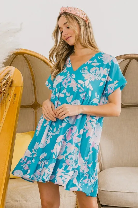 BiBi Floral Crinkle Shirred Ruffle Detail V Neck Dress OutfitFlow