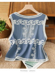 Embroidered Button Up V-Neck Vest Coat Trendsi