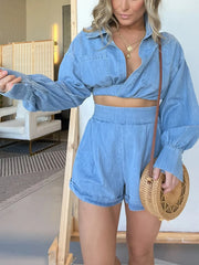 Full Size Long Sleeve Top and Shorts Denim Set Plus Size OutfitFlow