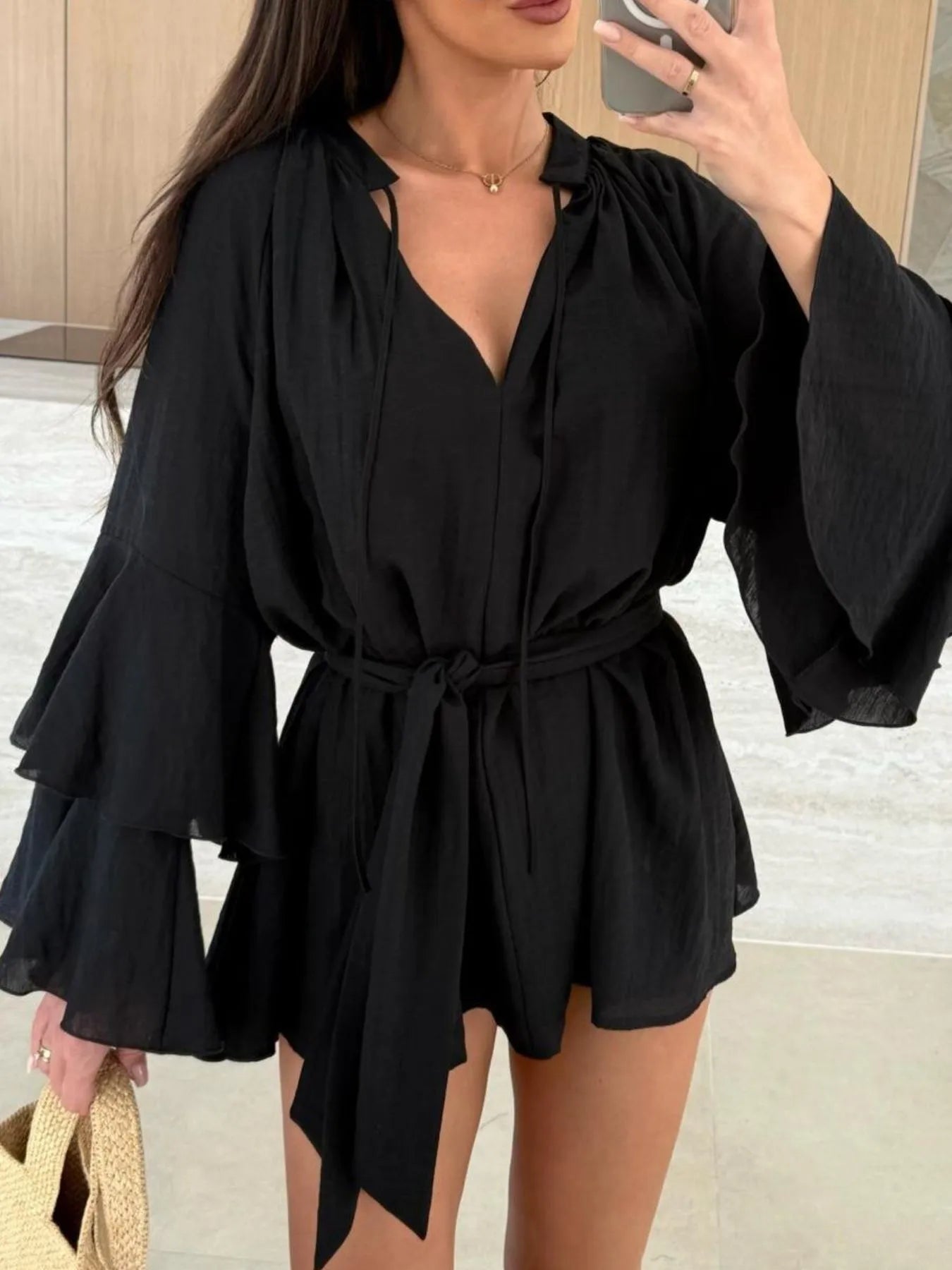 Bell Sleeve Tie Waist Mini Shirt Dress OutfitFlow