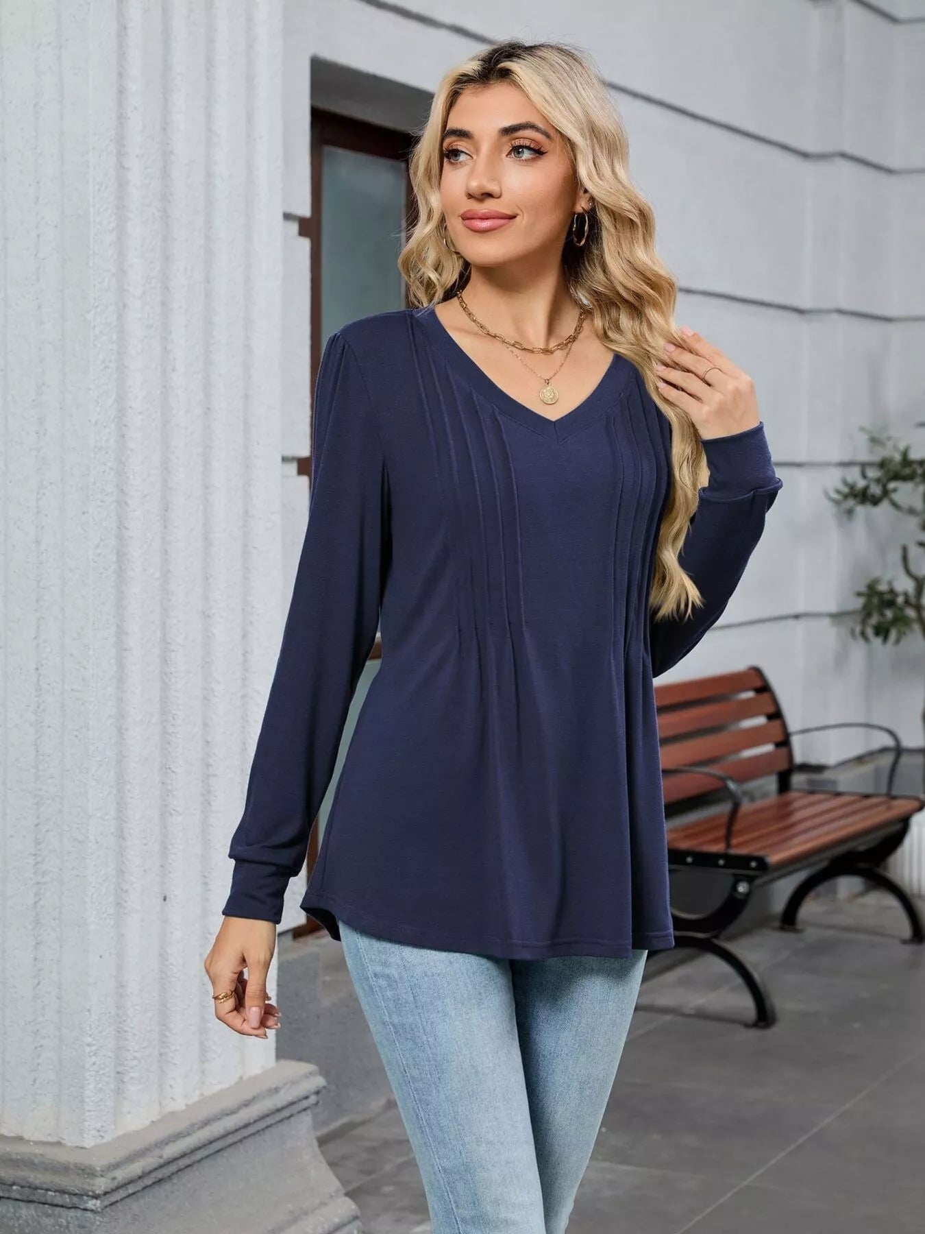 V-Neck Long Sleeve Relaxed Fit T-Shirt OutfitFlow