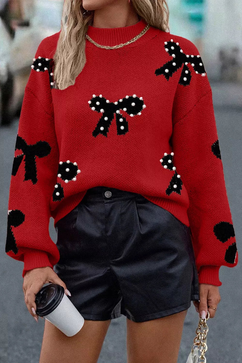 Round Neck Bow Pattern Pearl-Embellished Sweater Rust OutfitFlow