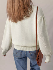 Flower Detail Round Neck Contrast Textured Puff Sleeve Sweater OutfitFlow