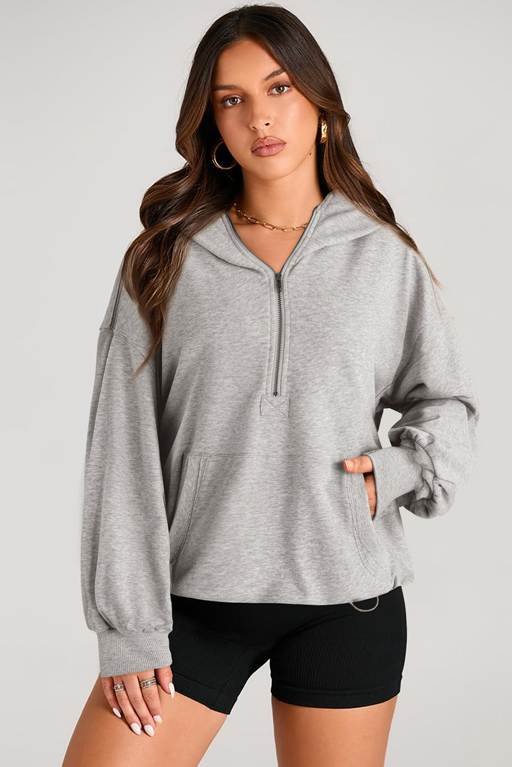Pocketed Half Zip Long Sleeve Hoodie Gray OutfitFlow