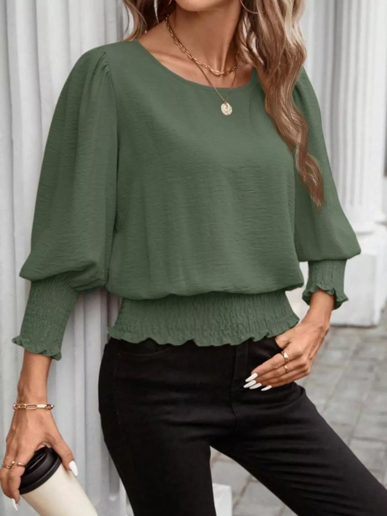 Smocked Waist Round Neck Blouse Trendsi